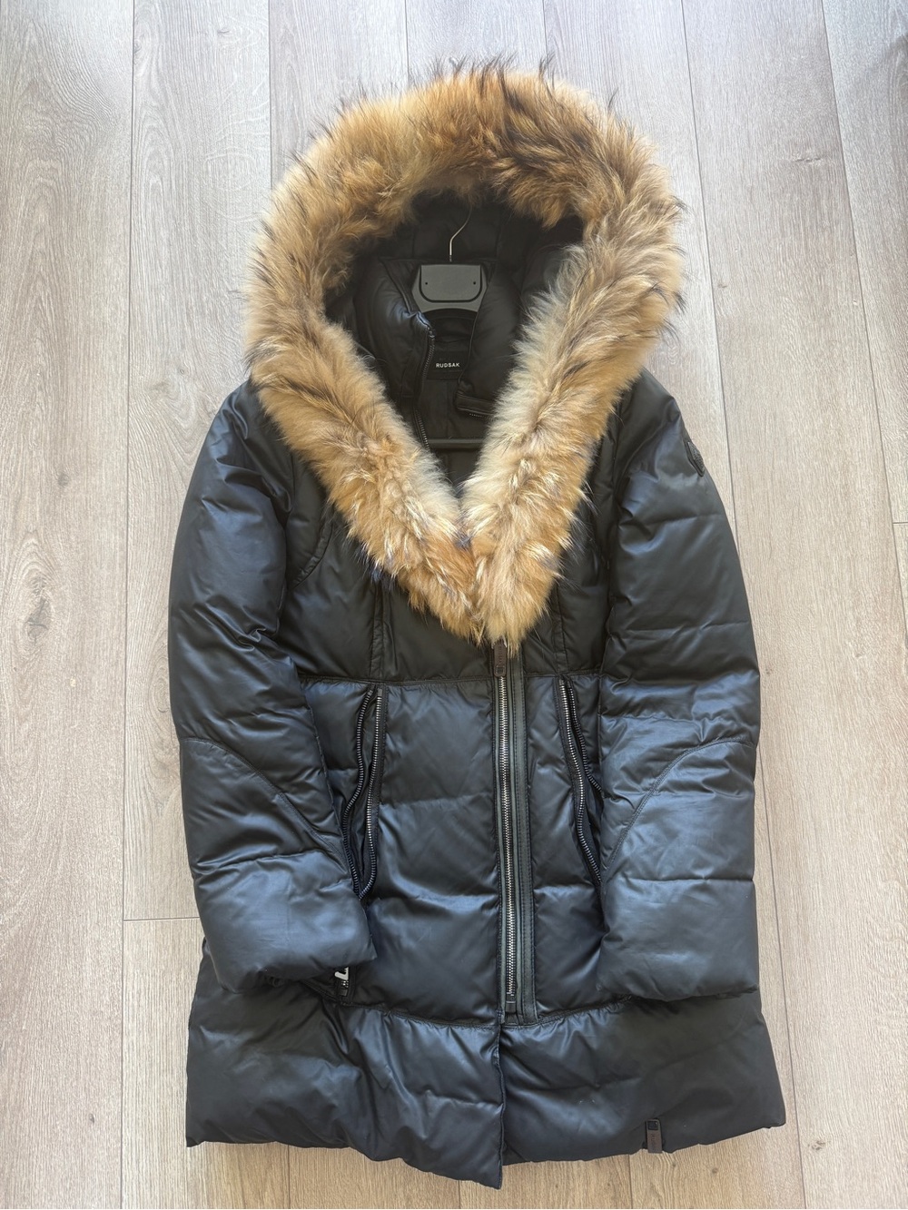 RUDSAK Black Puffer Jacket with Real Fur-Trimmed Hood — Size S